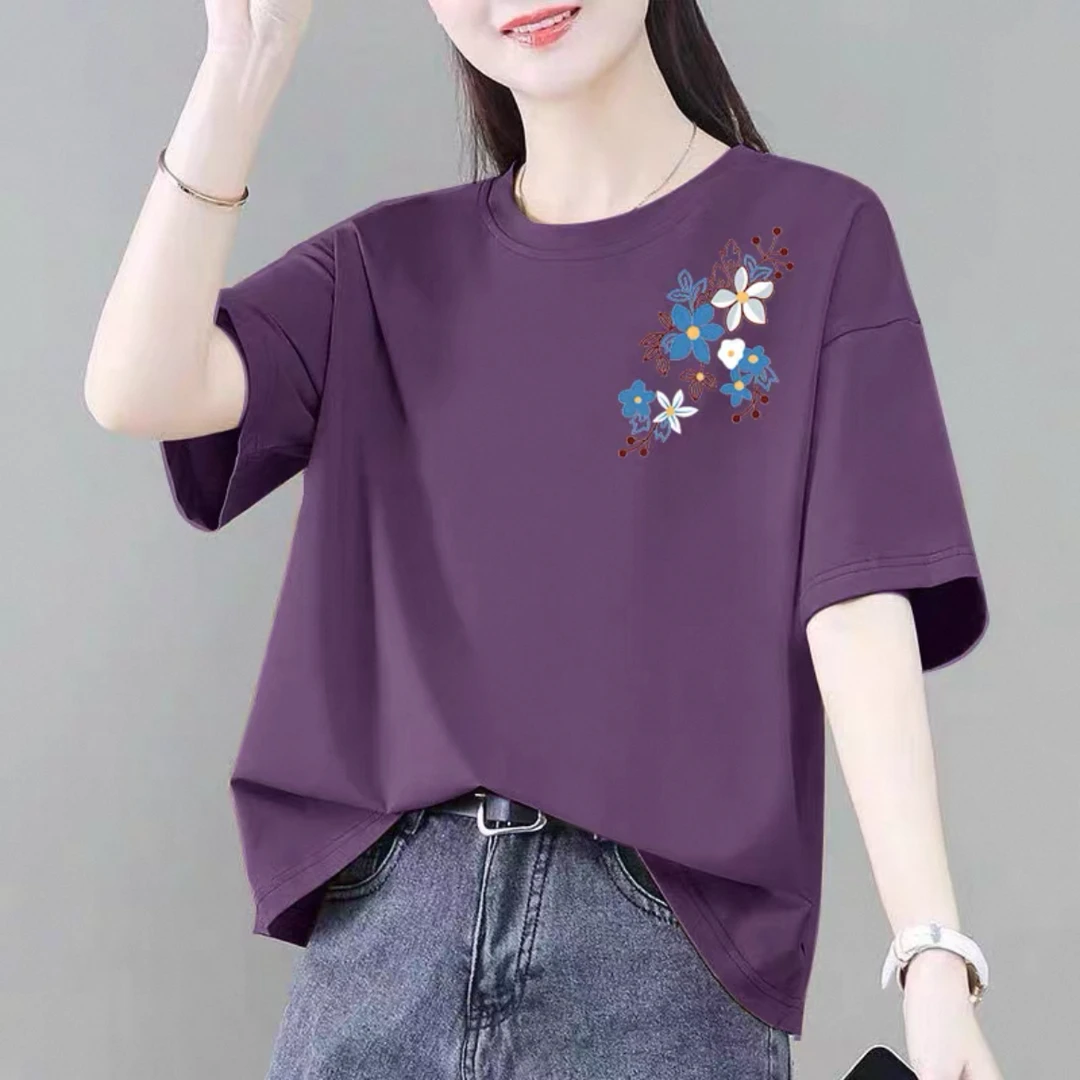 100%纯棉短袖t恤女士夏季新款大码宽松休闲百搭洋气减龄圆领上衣