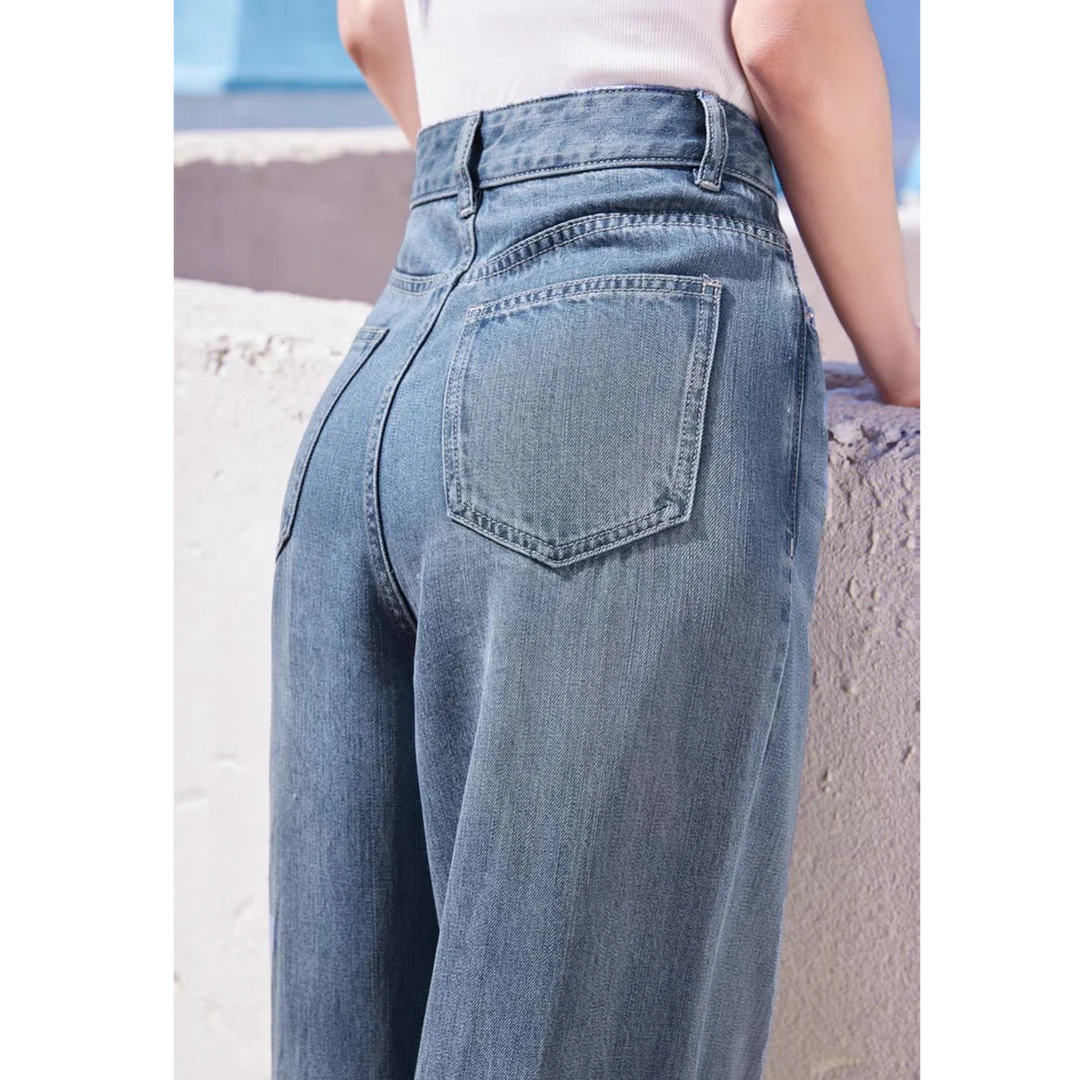 FDOA 高腰莱赛尔天丝垂感浅蓝牛仔弹力阔腿裤夏季长裤XJ-001