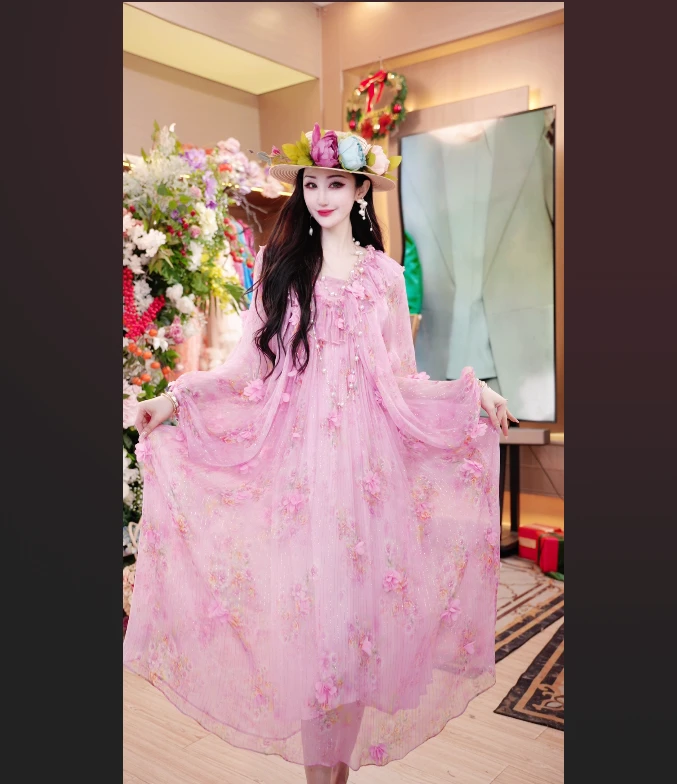 25新款法式设计师夏桑蚕丝气质宽松时尚长款女装连衣裙251D527