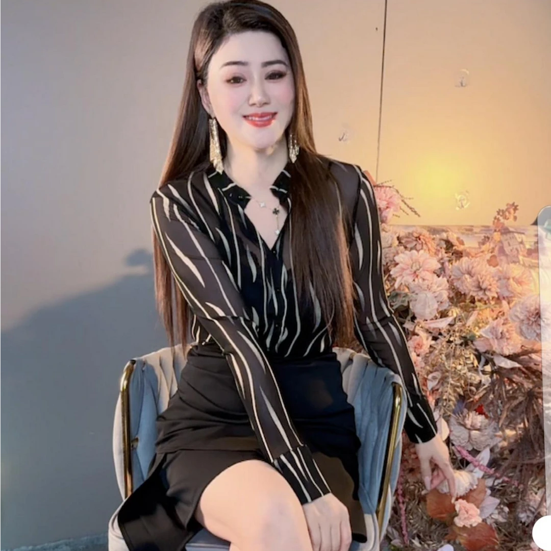 谢1008新法式秋季新款花纹长袖衬衫T恤女2024新款修身显瘦上衣