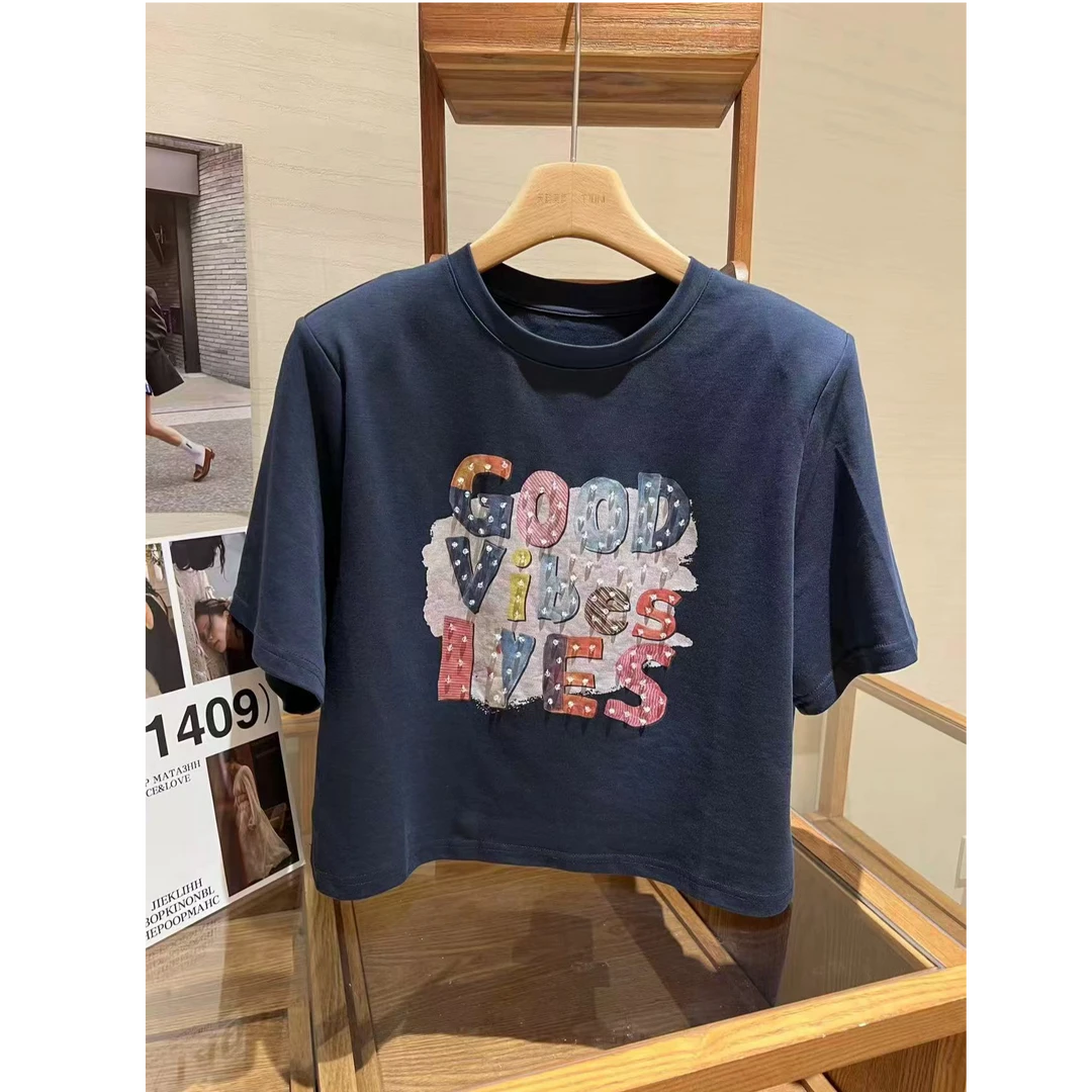 【YIBUDAOWEI】夏款烫钻字母印花短款圆领短袖T恤洋气上衣 1221