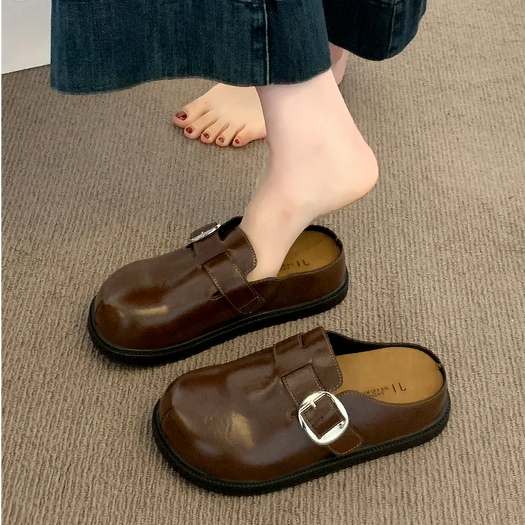 厚底皮面勃肯鞋包头半拖鞋女外穿2025新款夏秋一脚蹬博肯凉拖单鞋