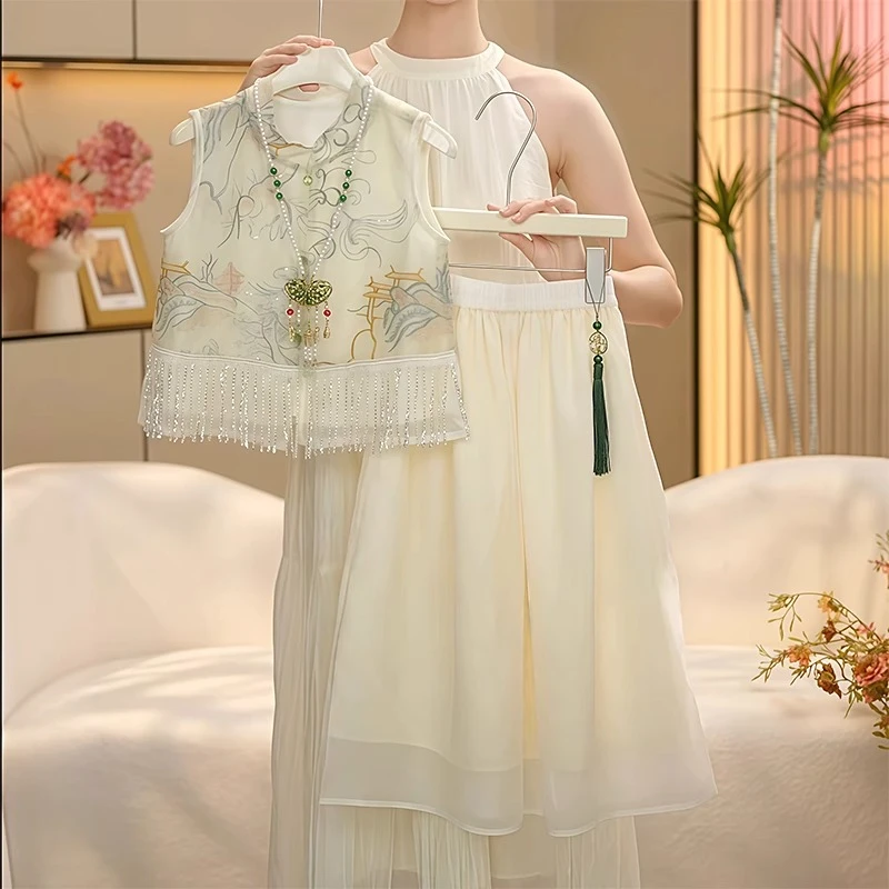 女童国风无袖套装2025夏季新中式汉服流苏盘扣阔腿裤古风九分裙裤