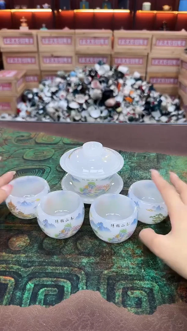 琉璃-锦绣山春盖碗四杯