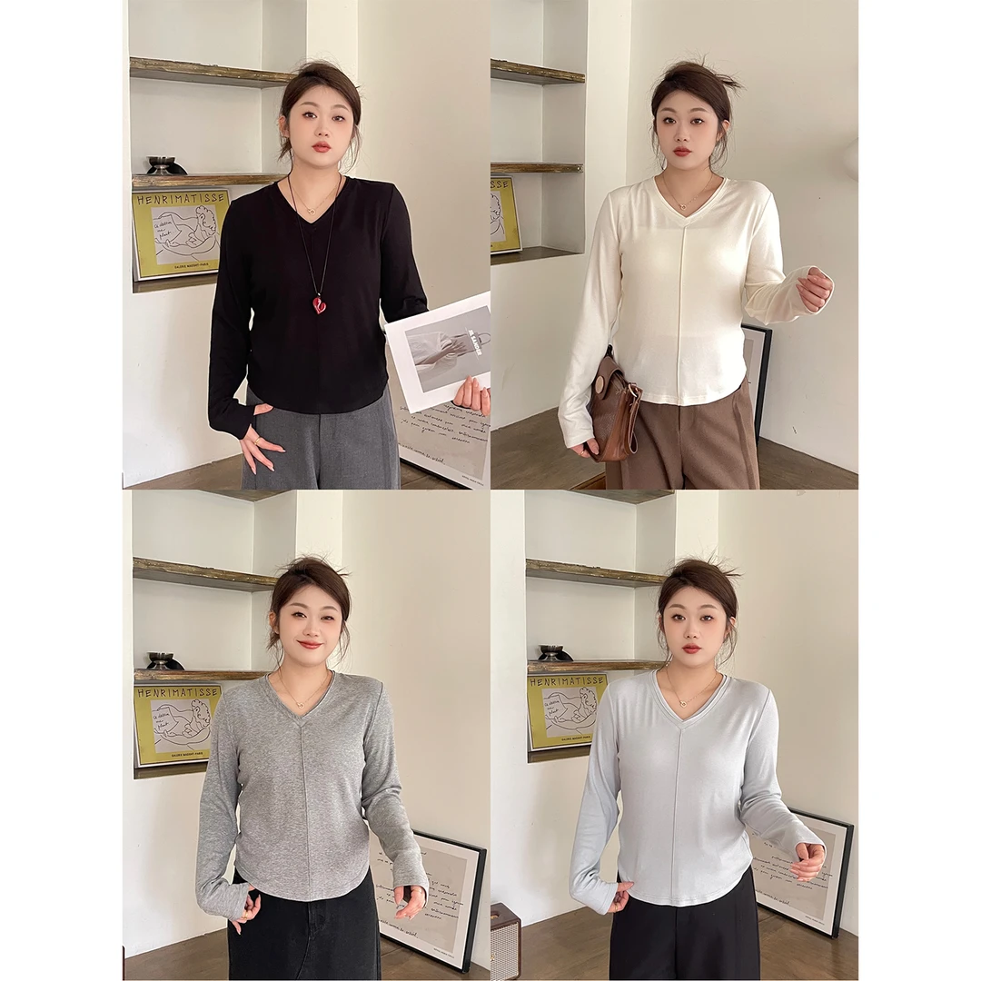 裂渡宣宣【百搭公式】微胖大码女秋百搭显瘦V领针织打底衫ZY507A18