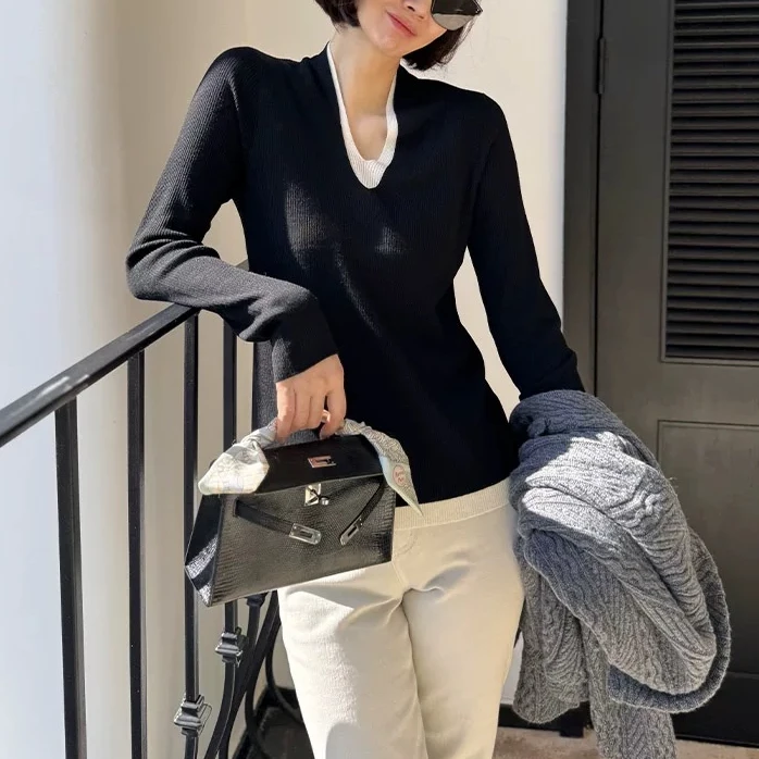 假二件针织衫毛衣打底衫春秋百搭套头修身显瘦针织衫