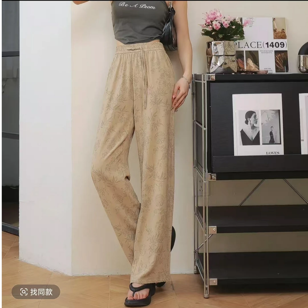 426-薄款宽松印花运动时尚休闲裤夏季直筒裤透气复古显瘦松紧腰