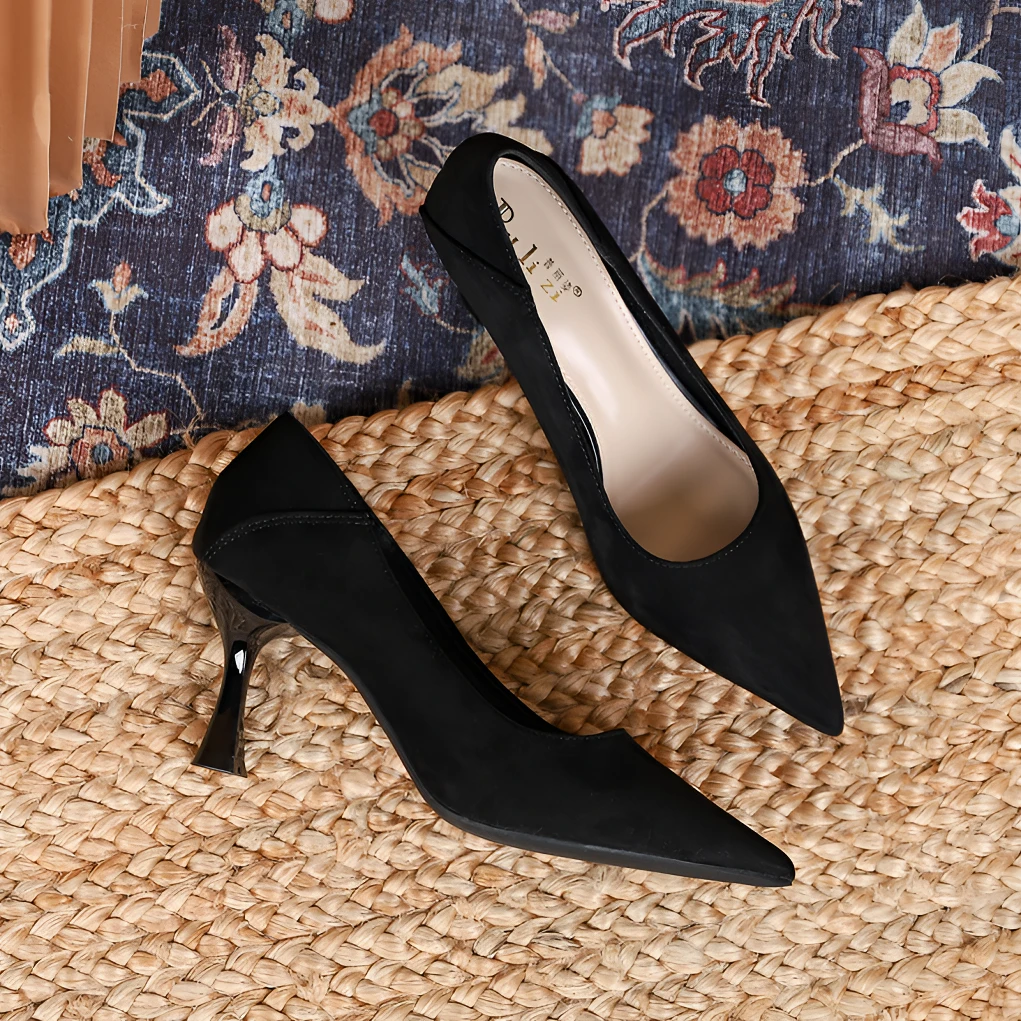 尖头浅口高跟女单鞋春秋新款气质百搭中跟单鞋细跟绒面黑色工作鞋