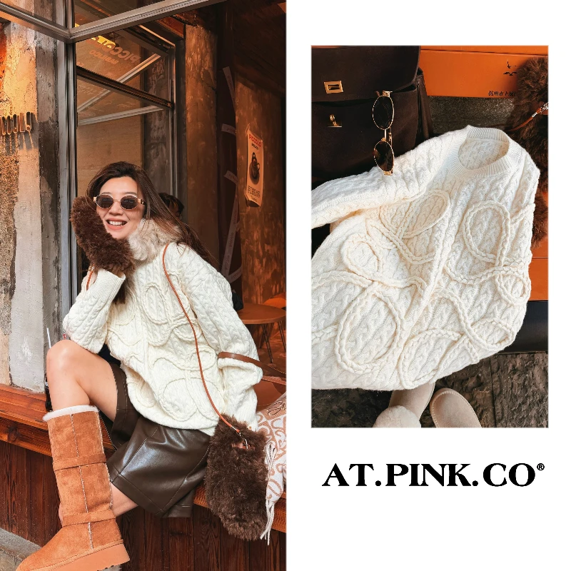 【三三品牌】慵懒感超亲肤宽松大版毛衣外套软糯亲肤白色毛衣 FY372