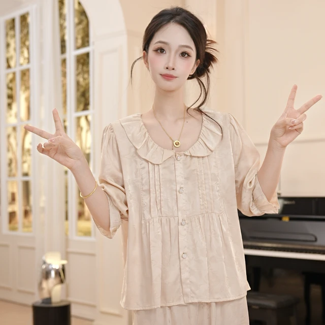 VINEEMAN娃娃领皮筋V领女睡衣家居服套装休闲春夏欧若精灵风
