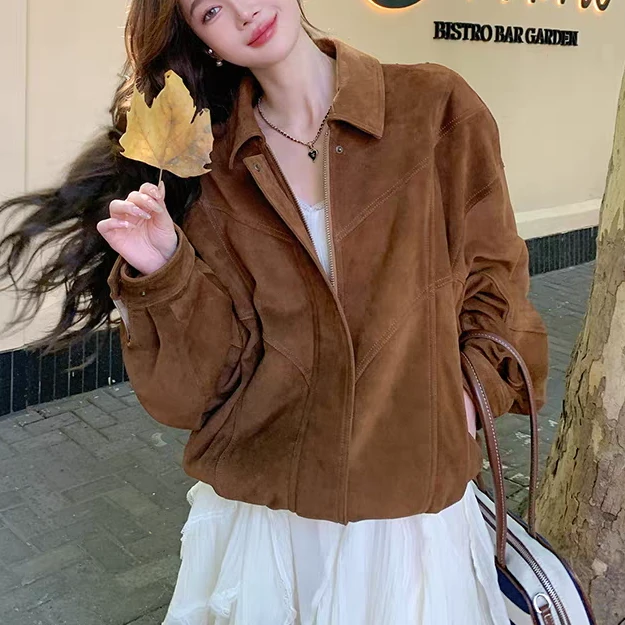 1787#拼接感麂皮绒翻领外套时尚潮流秋冬新款百搭