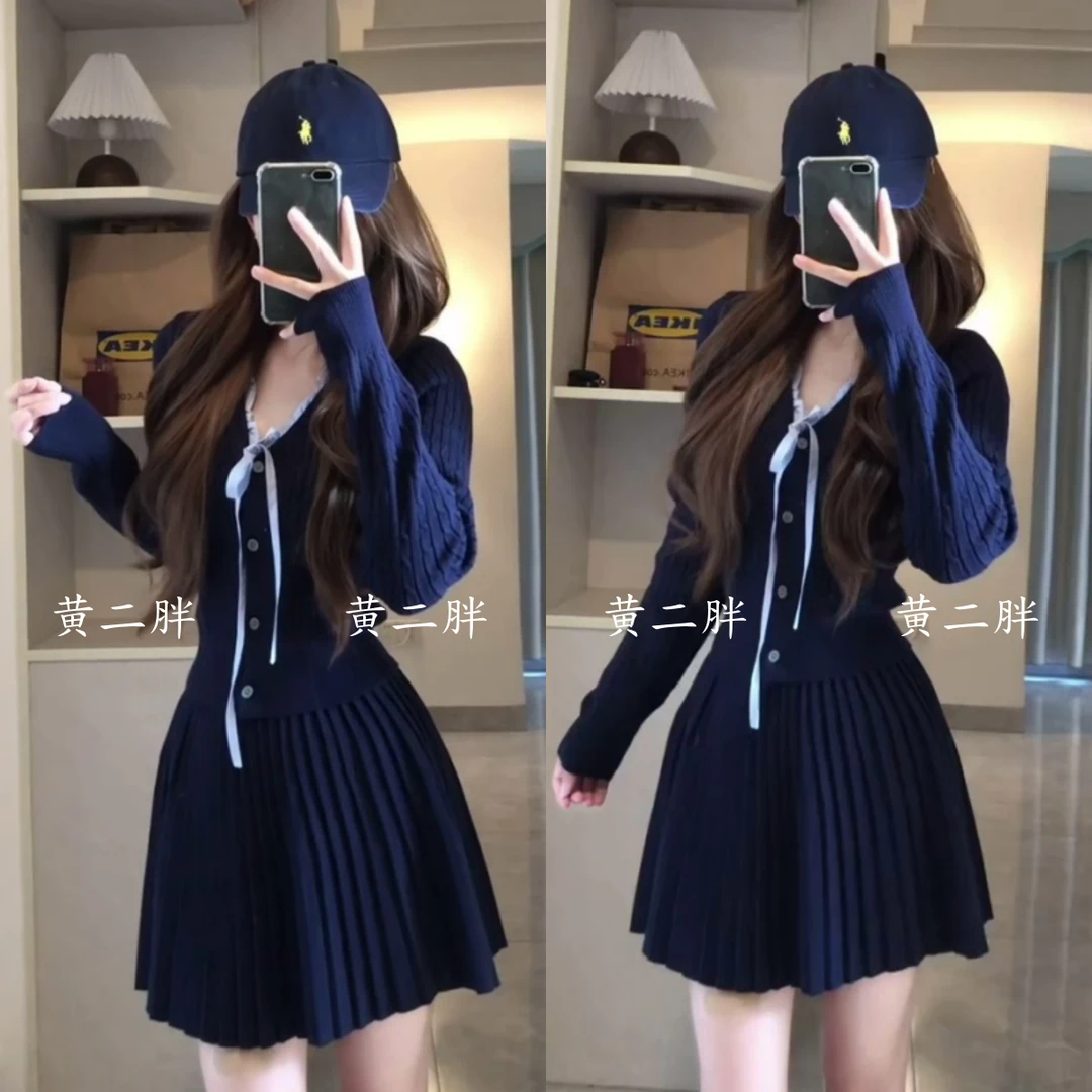 学院风针织连衣裙套装女2025早秋新款内搭小香风miu系穿搭短裙子