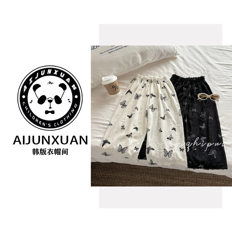 【现货】2025韩版儿童夏季女宝烫钻破洞蝴蝶印花休闲直筒垂感防蚊裤