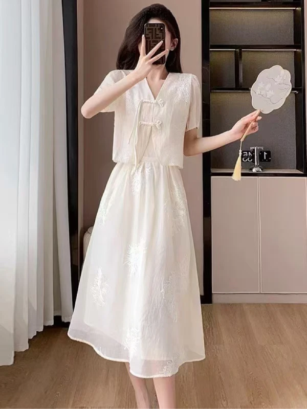 T737 新款吊带连衣裙女装夏季高级感国风刺绣盘扣套裙 JT