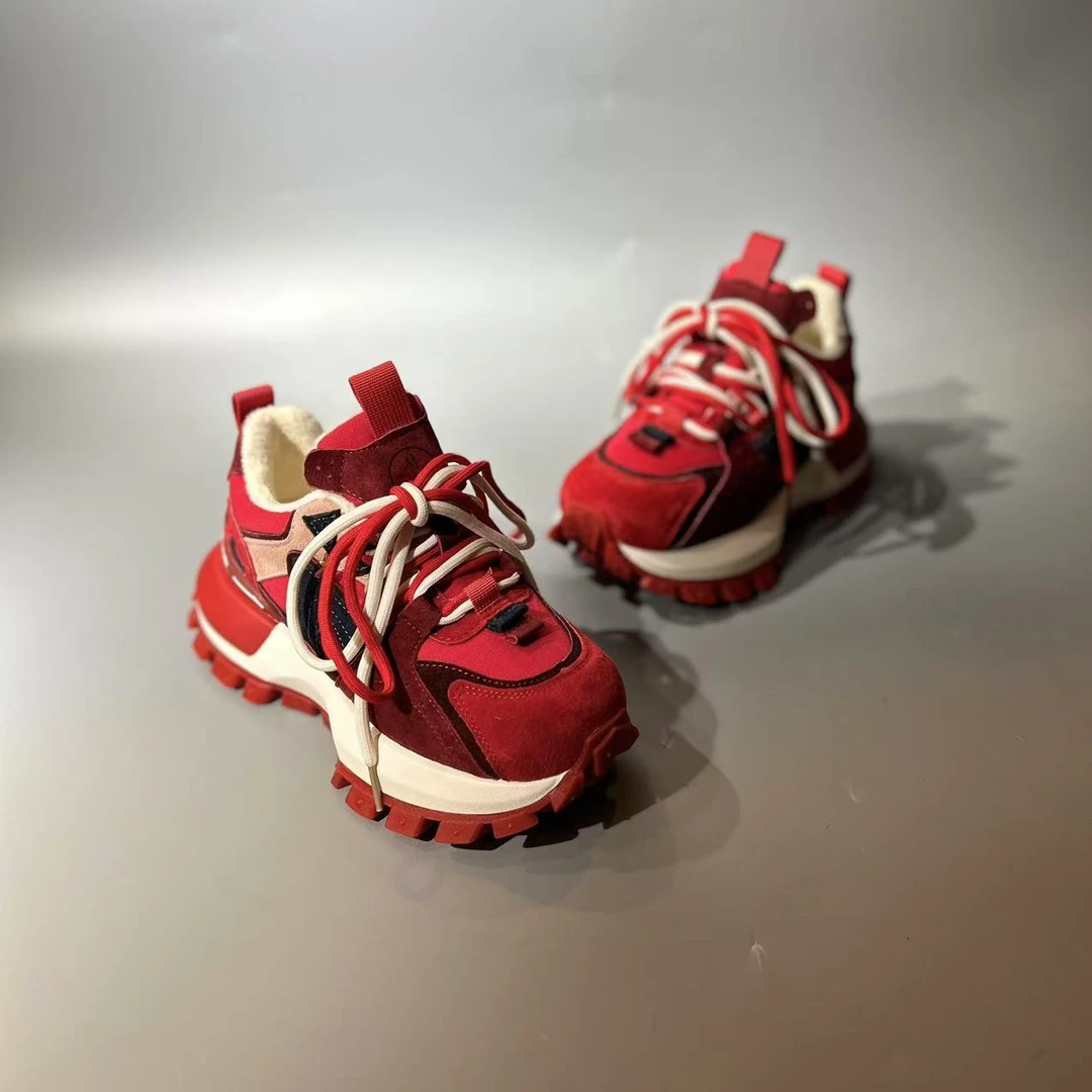 阿甘鞋灰蓝色红色四季款秋冬加绒款跟高4.5厘米软底猪皮纺织拼接i