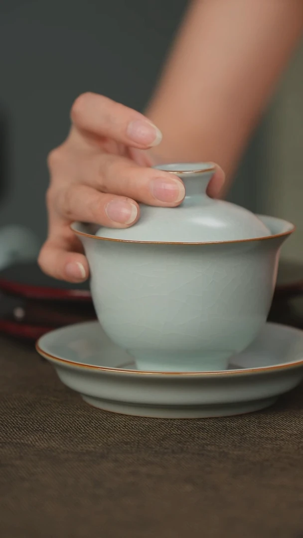 微瑕 元宝三才盖碗 汝瓷 180ml 礼盒装