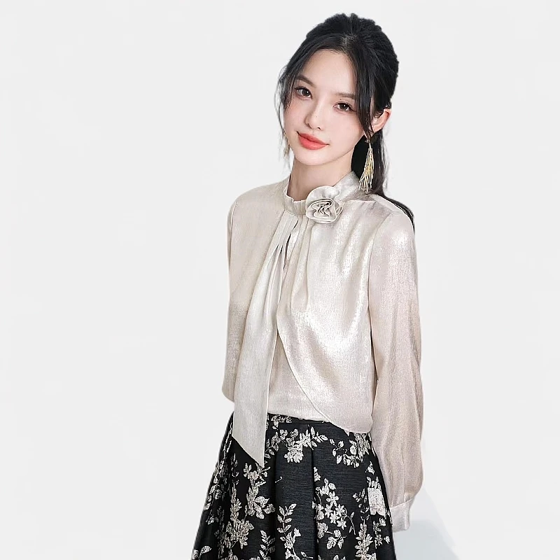 YANPING/燕苹春季系带立领时尚飘带气质长袖小众设计感衬衣|Q1120