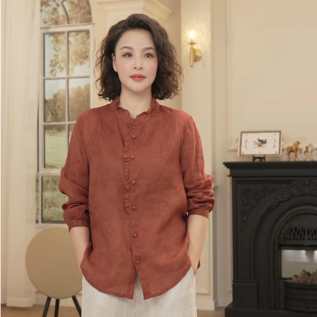 【橘猫美依】春季长袖花边领苎麻小衫女 5289