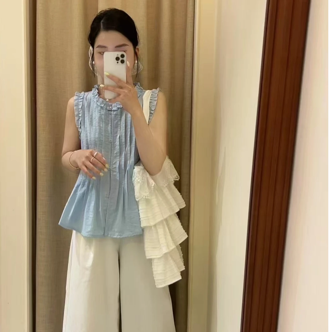 无袖圆领韩系小衫宽松纯色时尚气质衬衫复古夏季甜美休闲上衣