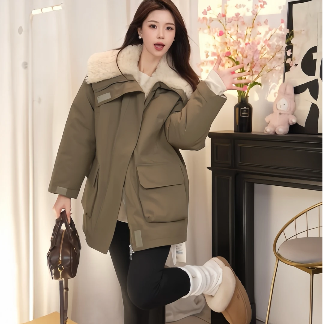 2024冬季加绒加厚毛毛冲锋衣外套派克服中长款棉服