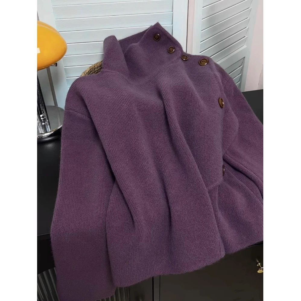 大码不规则高领慵懒风毛衣胖mm2025新款秋冬显瘦侧系扣立领针织衫