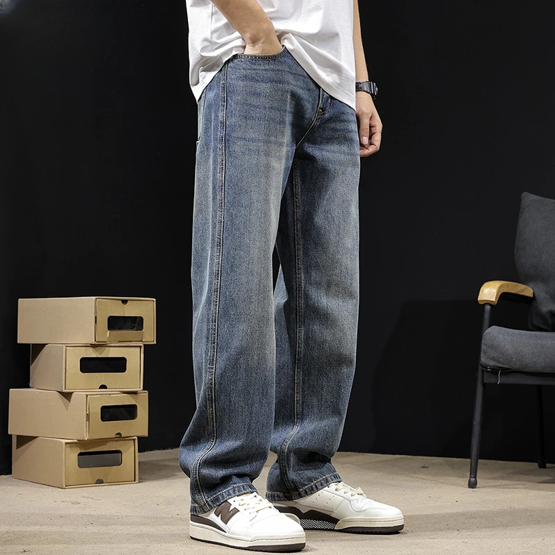 殿若新款牛仔裤男直筒秋季潮牌宽松大码男士锥形阔腿裤子怀旧高端
