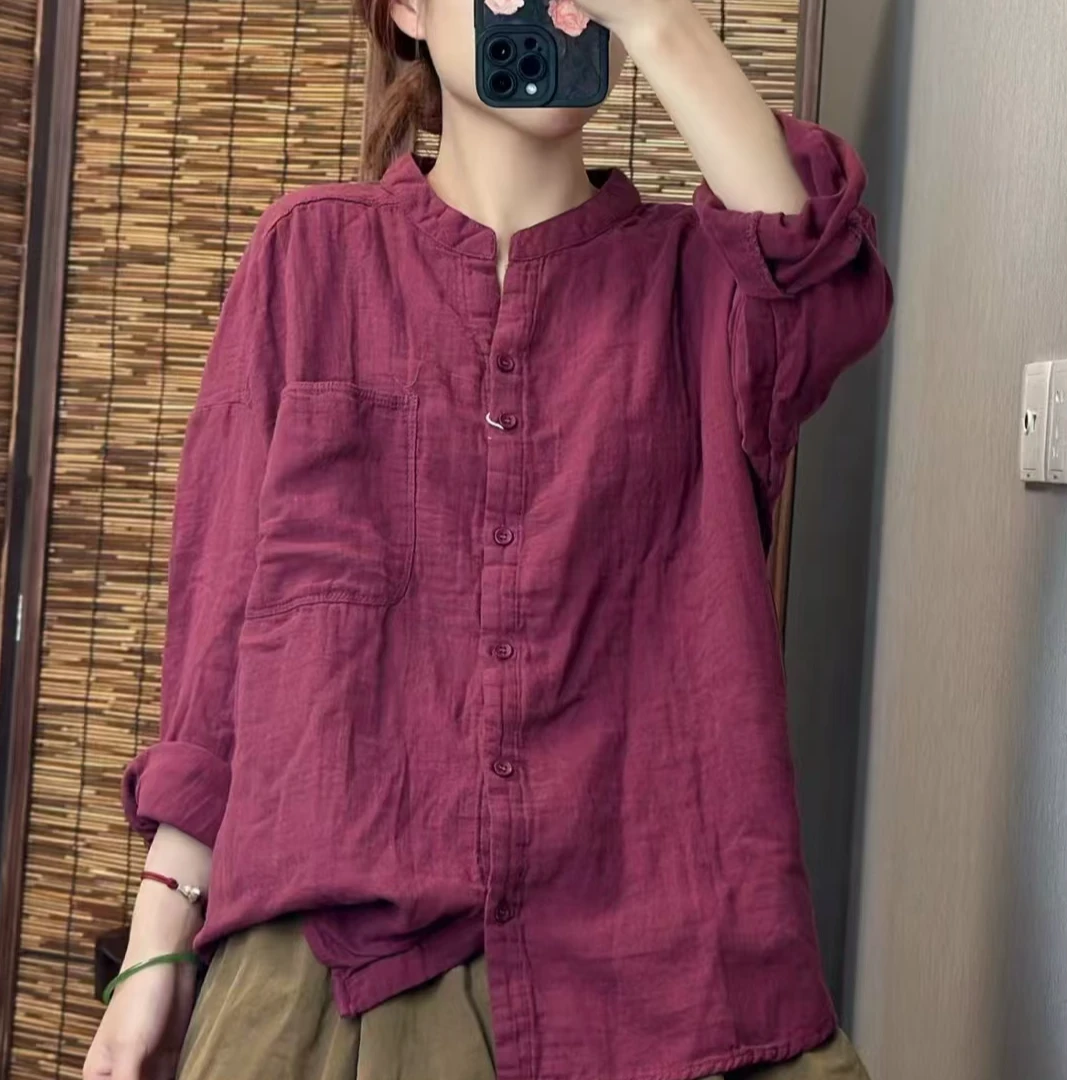 8985春秋新款复古小立领棉衬衫长袖百搭