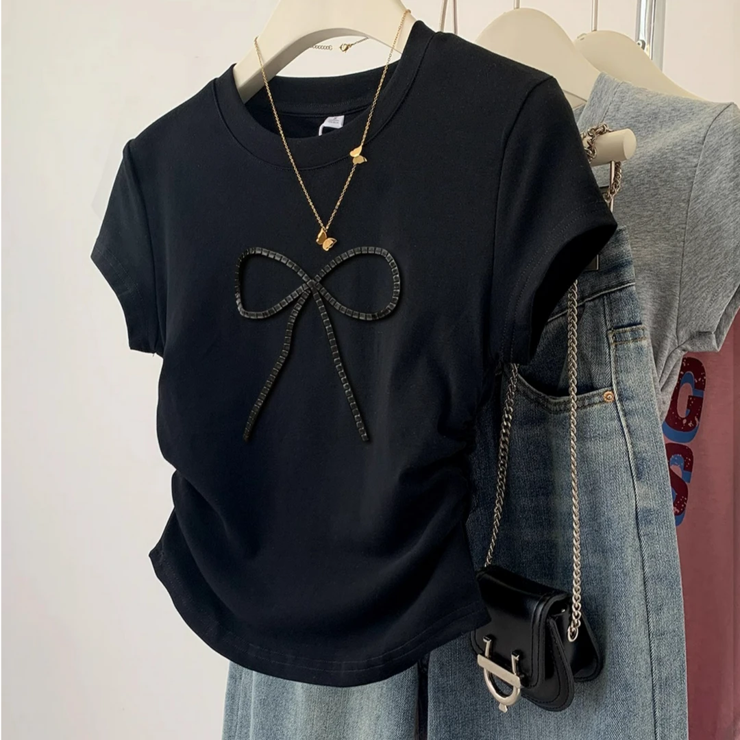 黑色短款蝴蝶结短袖t恤女夏季正肩修身显瘦体恤上衣2025新款