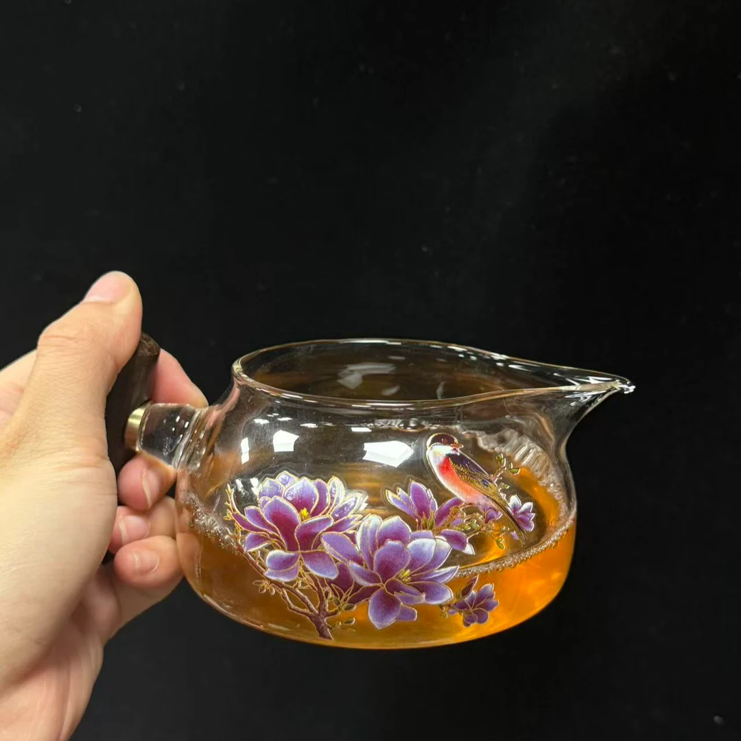木把玻璃花鸟公道杯A13571