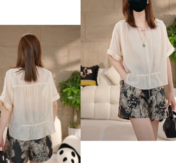 Miss.Z【清仓福利】简约穿珠肌理感褶皱显瘦轻薄上衣#c6395