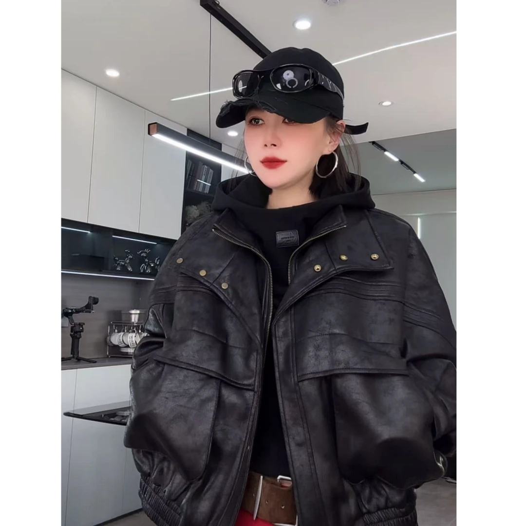 【琳琳定制】16976#冬款假两件加厚款方领麂皮绒夹克外套