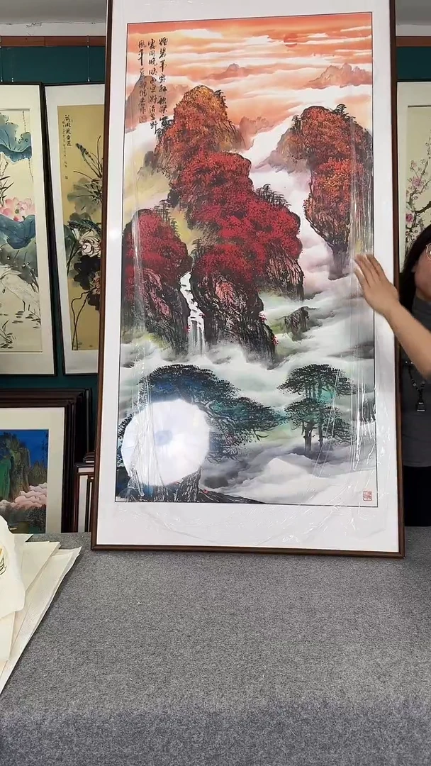 国画山水旭日东升实木装裱80*160