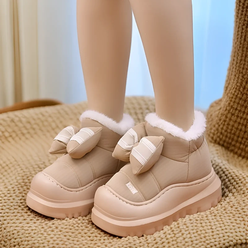 新款加绒高帮棉鞋女士冬季厚底外穿时尚保暖毛绒百搭蝴蝶结棉拖鞋