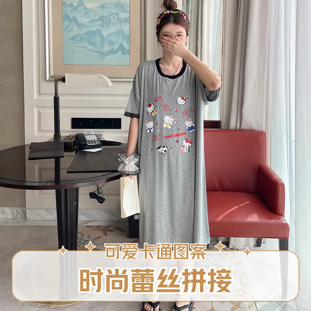 带胸垫KT猫花边莫代尔短袖睡裙卡通可爱圆点可外穿宽松家居服女夏