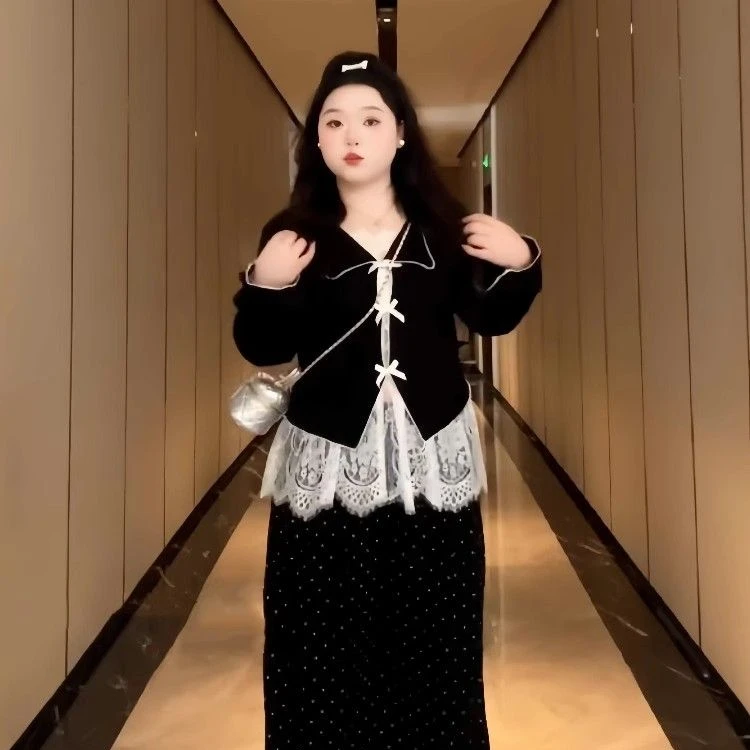 特大码300斤镂空蝴蝶结上衣+蕾丝吊带三件套女夏季胖mm慵懒风套装