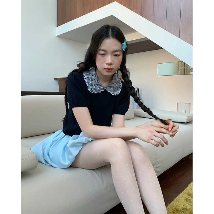 2025法式甜美减龄修身娃娃领短袖针织衫C3587