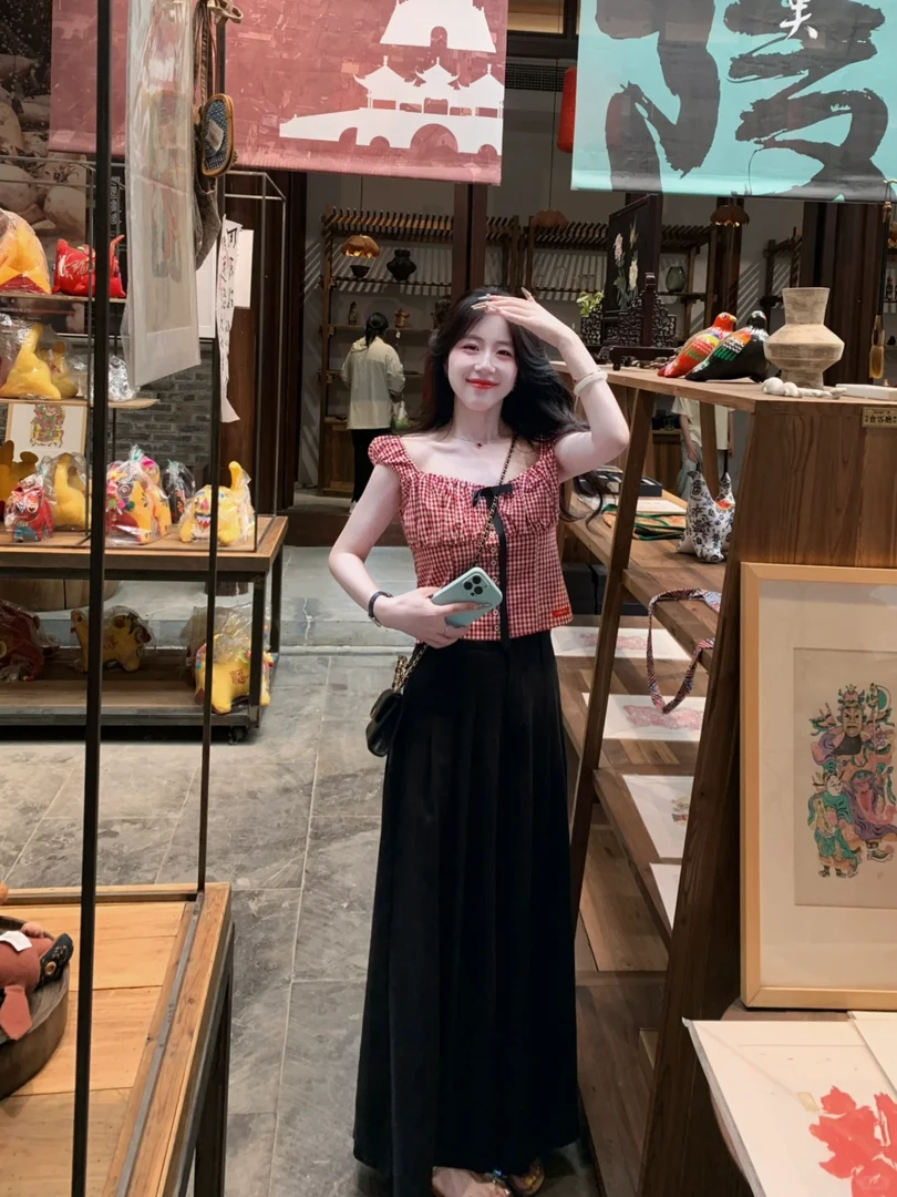 2025夏季新款韩系穿搭方领无袖格子上衣女高腰阔腿裤显瘦两件套潮