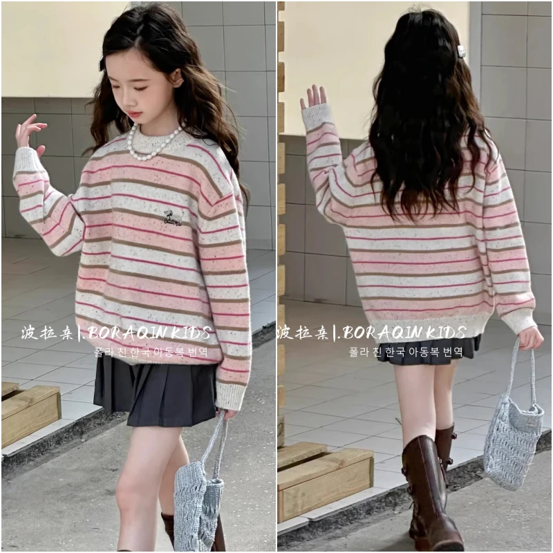 波拉亲亲子BORAQIN韩版童装2025秋冬季儿童拼色条纹字母彩点毛衣