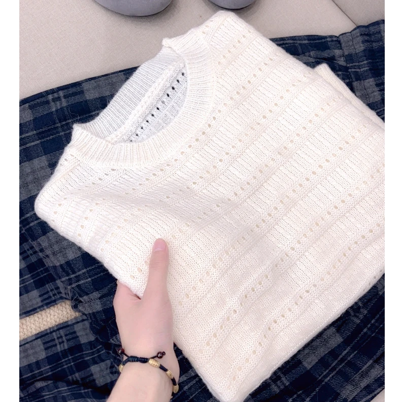 早秋新品【香草奶盖】圆领套头纯色条纹镂空宽松长袖针织毛衣 3519