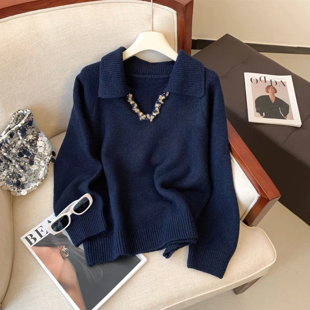 【财阀千金】珈艺大码秋季高端时尚显瘦POLO领重工针织衫23263