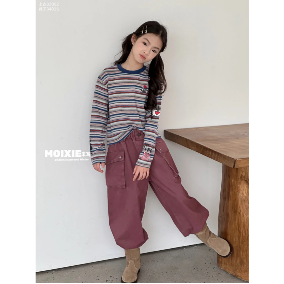 2025早秋新品女童韩版卡通印花条纹圆领宽松百搭童装T恤 L88011