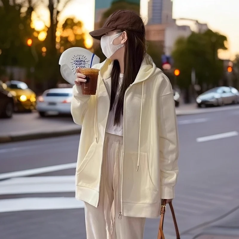 奶黄色chic春秋休闲卫衣女韩系中长款慵懒风加绒连帽开衫外套潮