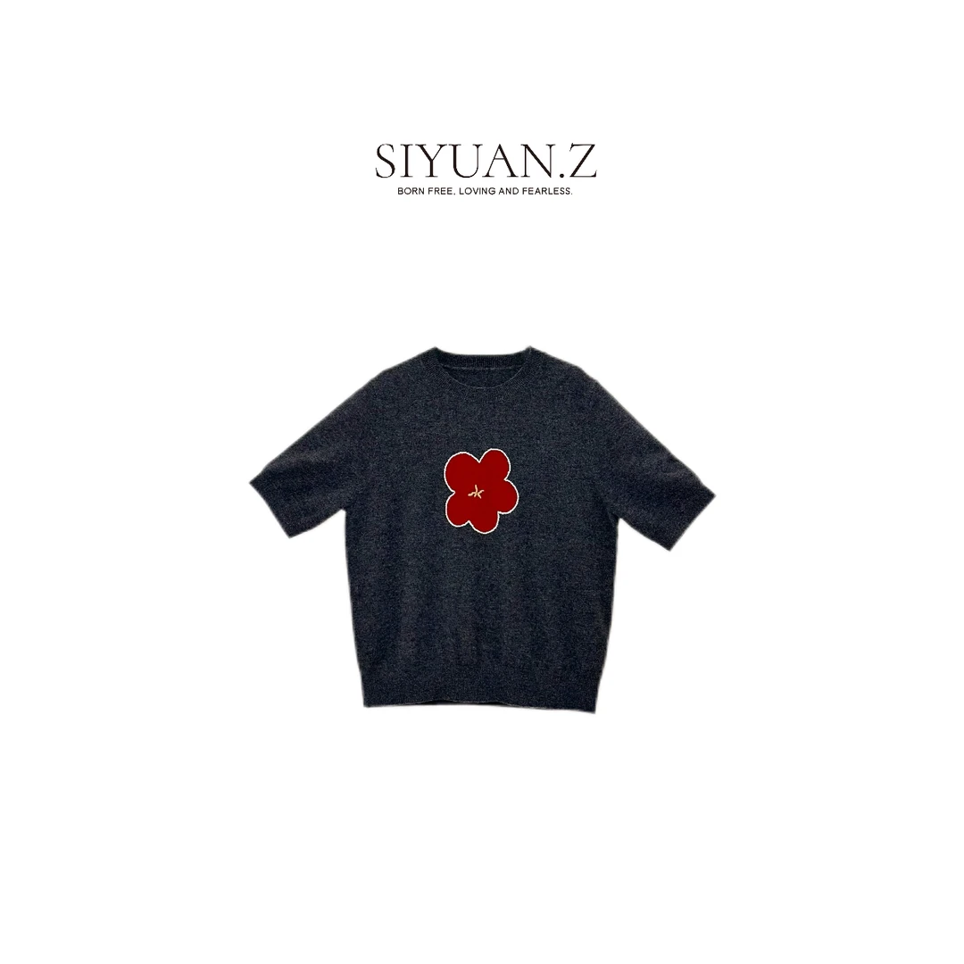 【SIYUAN.Z】"小红花"羊毛针织短袖上衣秋季新款可爱休闲百搭高级感