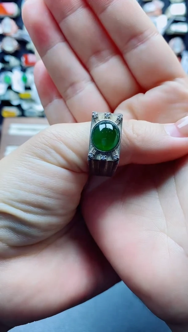 银S925镶嵌戒指翡翠十**芸天然翡翠A货男戒