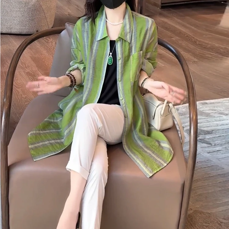 高级感大码条纹防晒衣衬衫2025春夏新款长袖百搭中长款开衫衬衣
