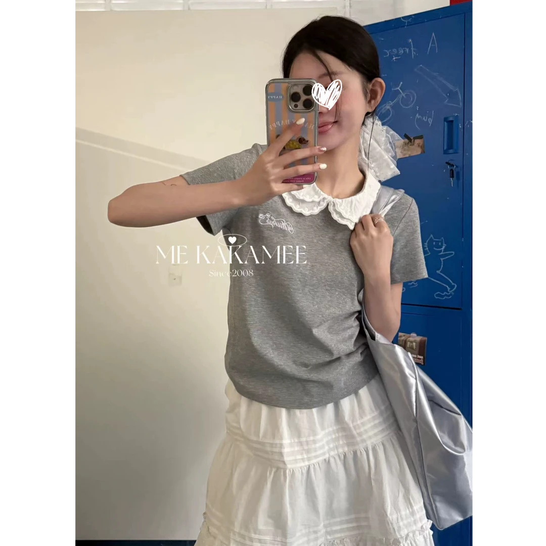 韩版miu风新款百搭甜妹花边娃娃领弹力正肩上衣女显瘦短袖简约T恤