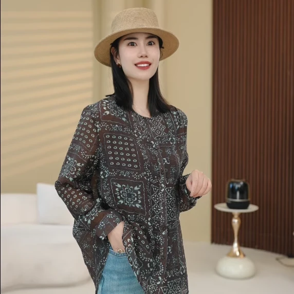 北桔2025春秋新款韩版时尚休闲百搭宽松显瘦印花长袖衬衫女3651