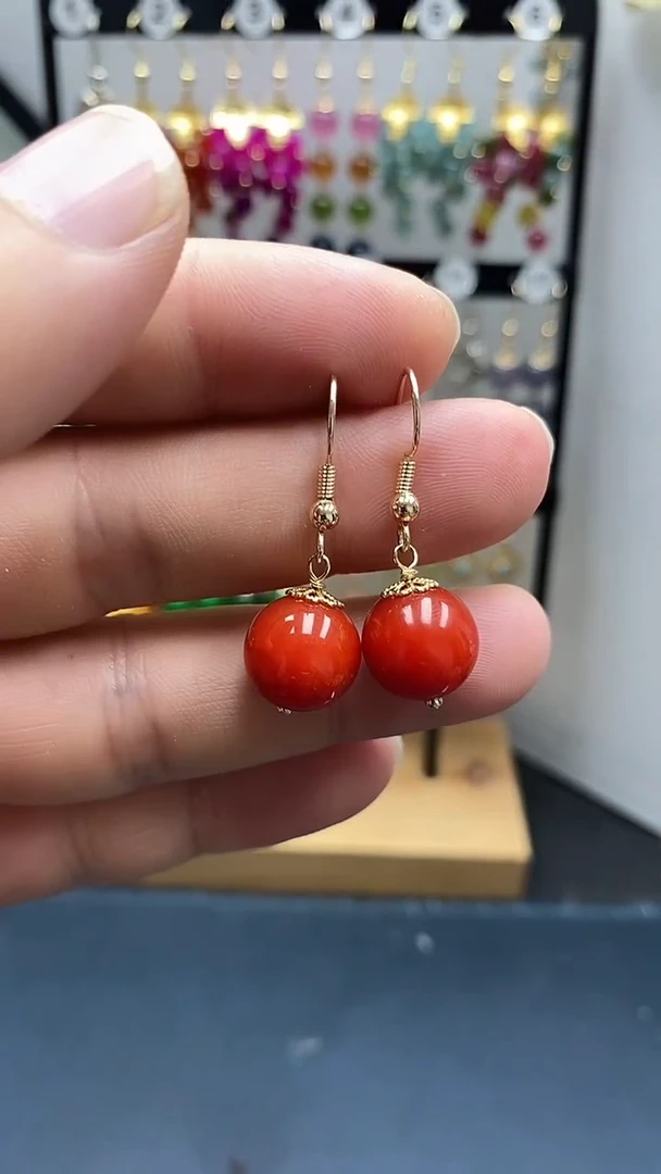 银S925镀金镶嵌南红玛瑙耳饰尺寸12mmC3