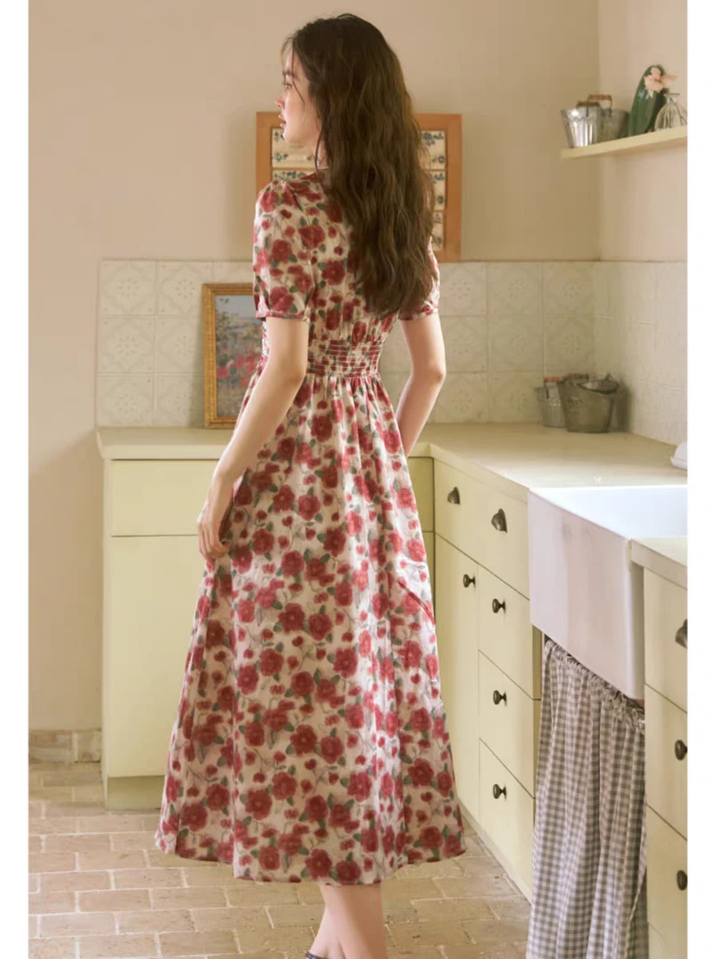 洋气A1030高腰法式中长款碎花连衣裙夏季女装显瘦常规小众裙子