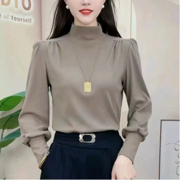2024新款秋冬季时尚洋气百搭气质纯色长袖女打底显瘦立领小衫女